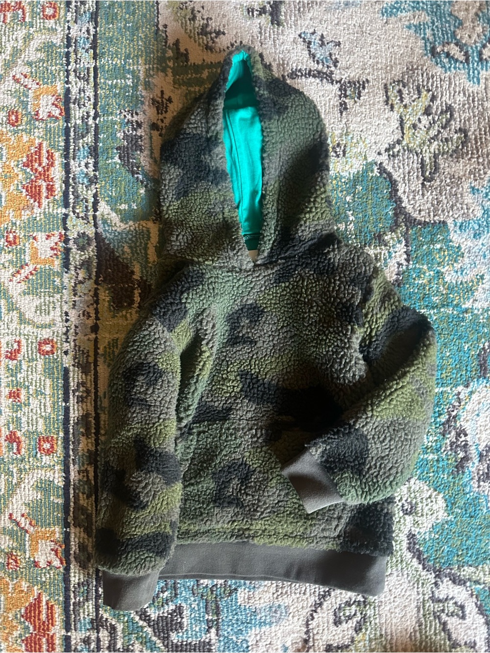 Mini Boden Olive Green Camo Sherpa Hoodie with Teal Lining